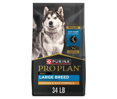 34 lb. bag of Purina Pro Plan Large Breed Shredded Blend chicken and rice dry dog food