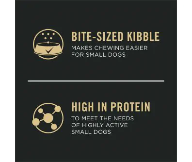 Dog food package label highlighting 'Bite Sized Kibble' and 'High In Protein'