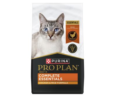 A bag of Pro Plan Complete Essentials chicken and rice dry cat food.