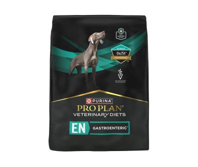 Purina Pro Plan Veterinary Diets EN Gastroenteric Canine Formula dry dog food bag with Urinary Ox/St Defense badge.