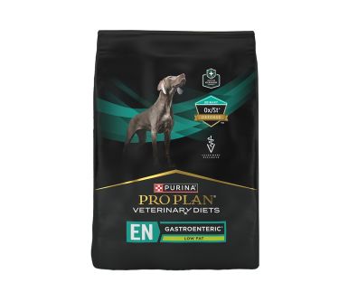 Purina Pro Plan Veterinary Diets EN Gastroenteric Low Fat Canine Formula dry dog food bag with Urinary Ox/St Defense badge.