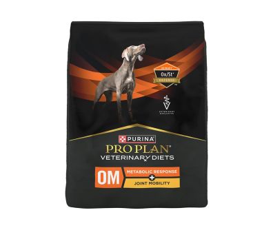 Purina Pro Plan Veterinary Diets OM Metabolic Response + Joint Mobility Canine Formula dry dog food bag with Urinary Ox/St Defense badge.