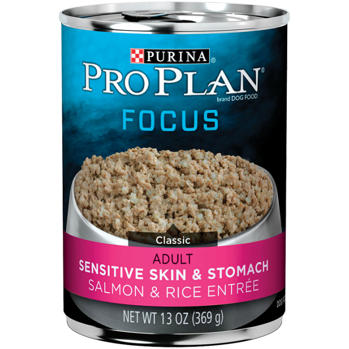 marge Haan Garantie Purina Pro Plan Focus Adult Sensitive Skin & Stomach Salmon & Rice Entrée  Dog Food