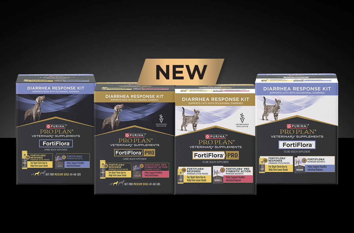 FortiFlora diarrhea response kits packaging highlighting new formula with kaolin and pectin.