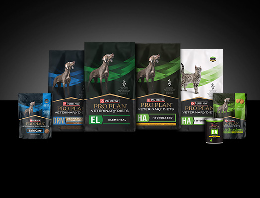 Assortment of Purina Pro Plan Veterinary Diets for dogs and cats with food sensitivities.