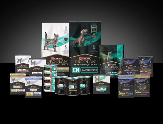 Assortment of Purina Pro Plan Veterinary Diets and supplements for gastrointestinal support.