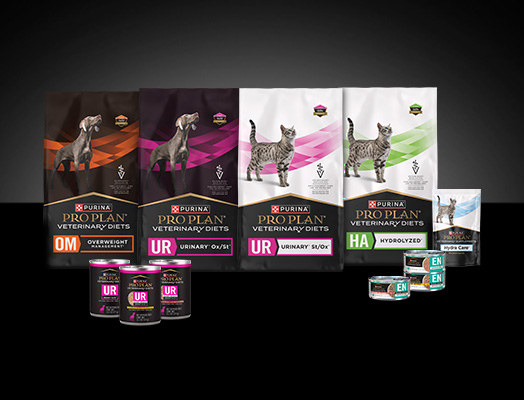 Assortment of Purina Pro Plan Veterinary Diets for urinary health in dogs and cats.