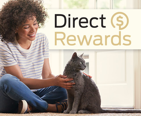 Owner petting her cat, with a &ldquo;Direct Rewards&rdquo; callout overlaid.